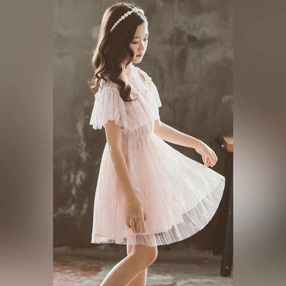 Tween Girl, Rose Pink, Ruffle Neck Mesh Flared Dress - Picture 2 of 3